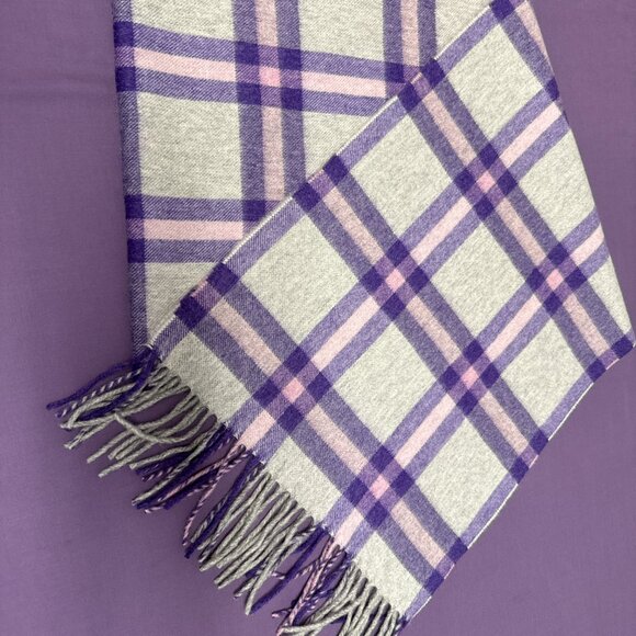 NWOT 100% Cashmere Scarf UNISEX  Plaid Gray & Purple - Picture 4 of 6